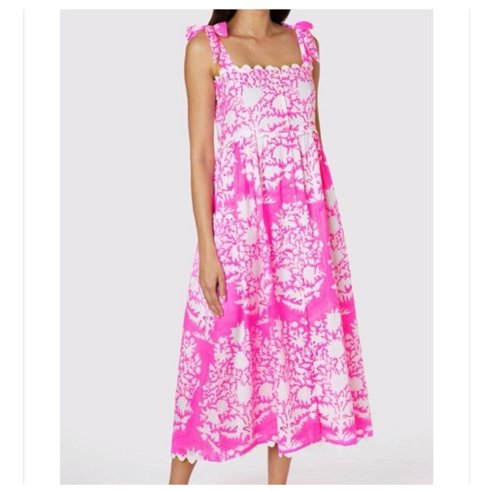 Juliet Dunn Vibrant Pink and White Shoulder Tie Dress Medium 2 6/8 Medium Neon